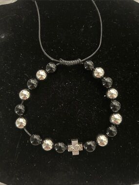 Black and Silver Beaded Cross Bracelet — Men's Adjustable Jewelry